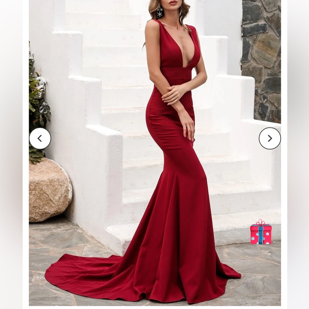 Double Deep V-neck Hem Red Maxi Knit Prom Dress